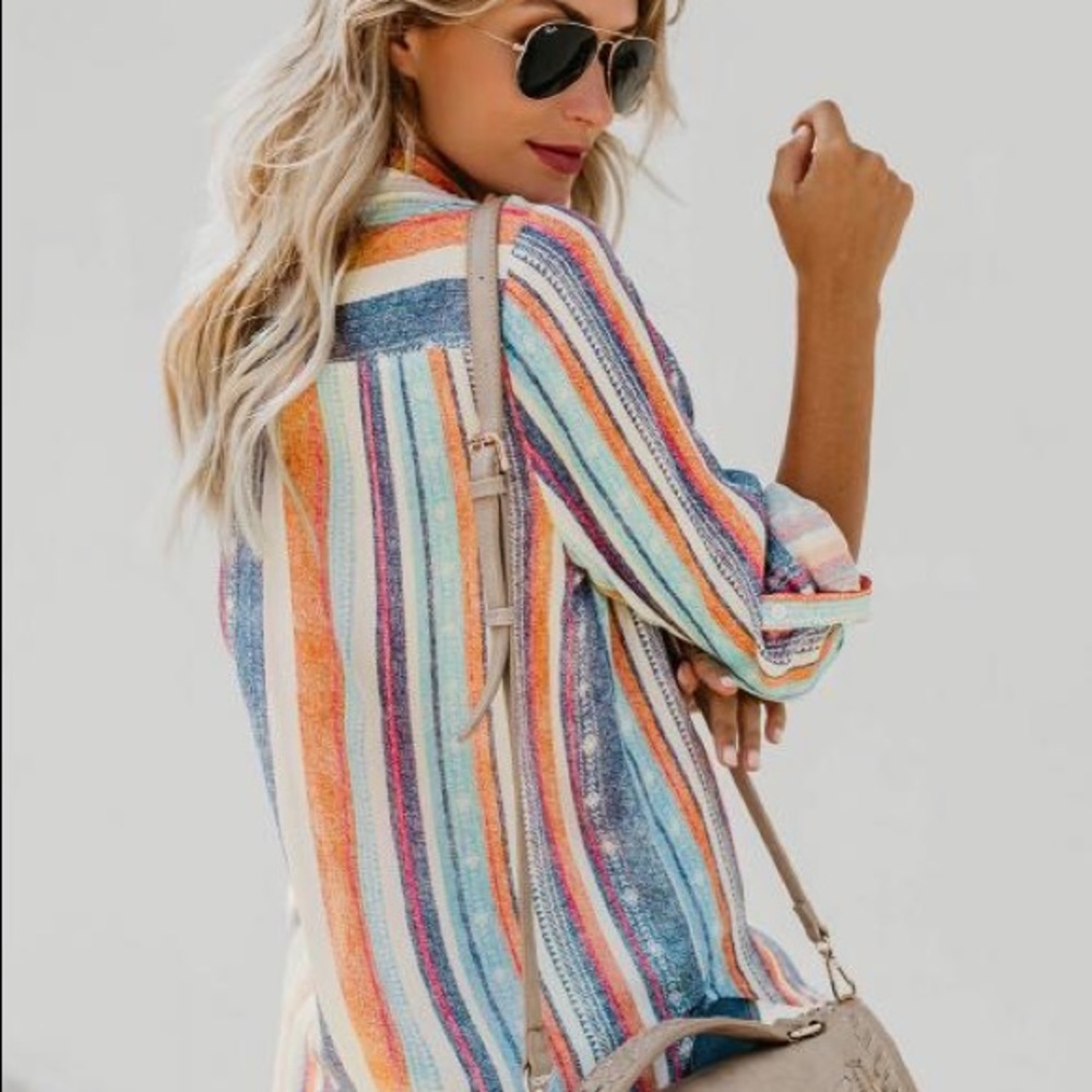 Orange Multicolored Striped Button Up